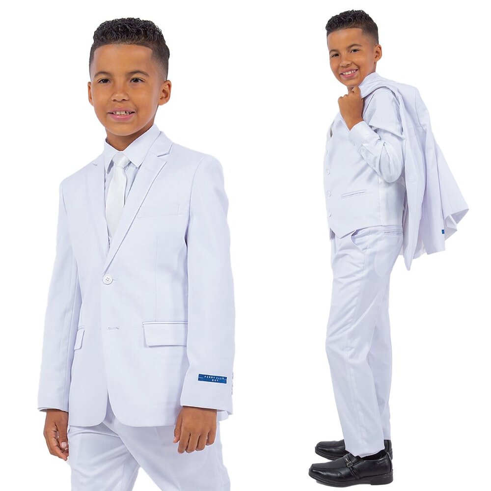 5-Piece Perry Ellis Portfolio Boys Slim Fit Solid Suit, White